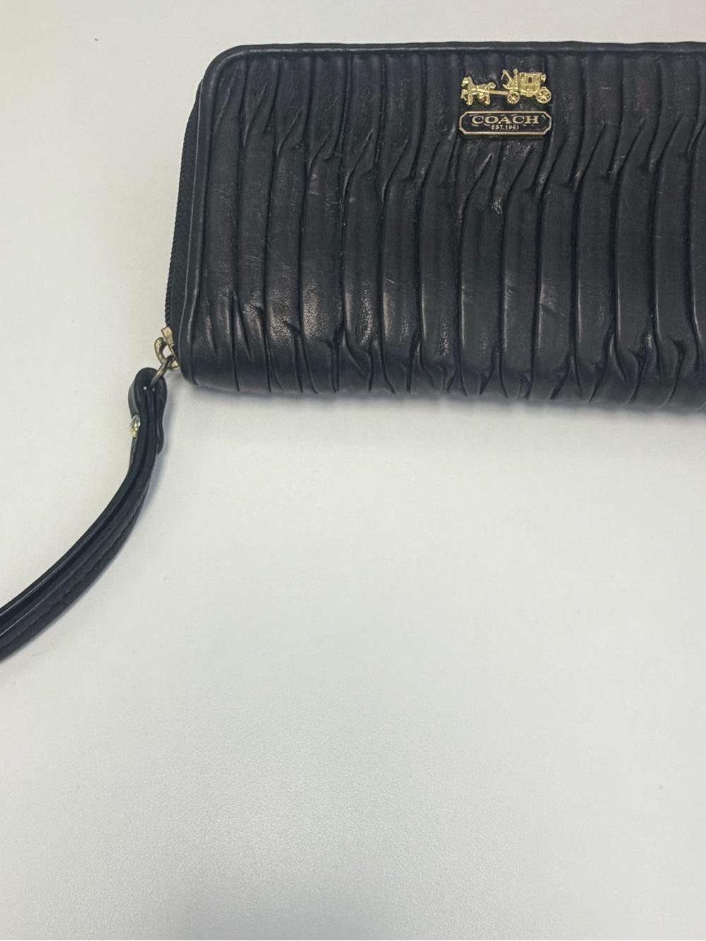 Coach Black Ruched Leather Wristlet with Gold Logo
